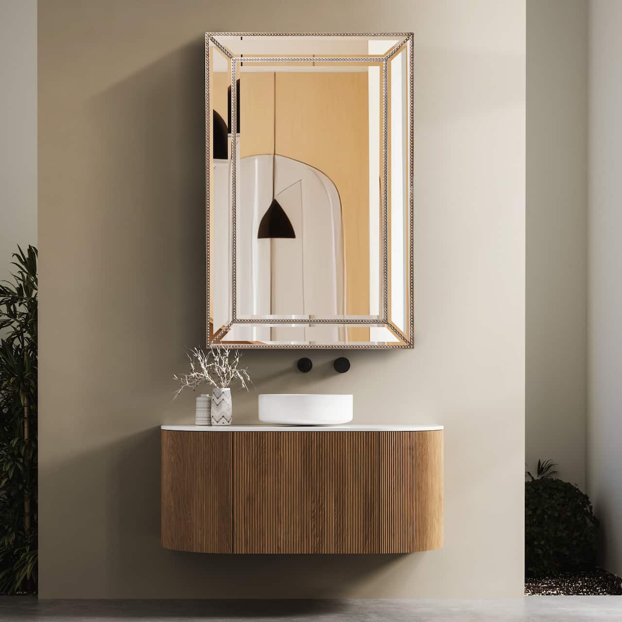 Head West Beaded Champagne Silver Framed Wall Vanity Mirror